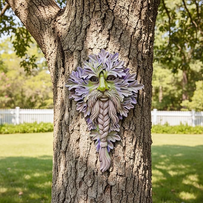 7.9" Real Tree Face Hugger Statue, Garden Whimsical Resin Statues with Foliage Features, Outdoor Fairy Elve Accent Yard Art, Halloween Trees Decorations Outdoor Wall Mounted Statue
