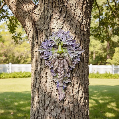 7.9" Real Tree Face Hugger Statue, Garden Whimsical Resin Statues with Foliage Features, Outdoor Fairy Elve Accent Yard Art, Halloween Trees Decorations Outdoor Wall Mounted Statue