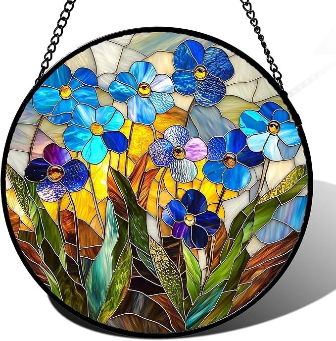 Stained Glass Window Hanging - Blue Wildflower Plant Flowers Sun Catcher for Door Garden Home Decor Suncatcher Christmas Mother's Day Birthday Gifts for Women Men Mom Nana 6.3 in