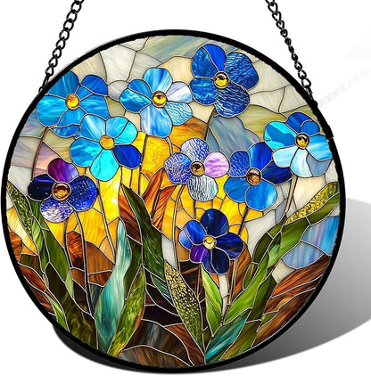 Stained Glass Window Hanging - Blue Wildflower Plant Flowers Sun Catcher for Door Garden Home Decor Suncatcher Christmas Mother's Day Birthday Gifts for Women Men Mom Nana 9.8 in