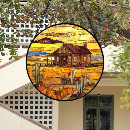 DASTOLL Stained Glass Window Hanging 4 Pcs Set Desert Sunset Theme Landscape Large 15" - Suncatcher Door Garden Sun Catcher Decor Birthday Christmas for Mom Woman Nana Men