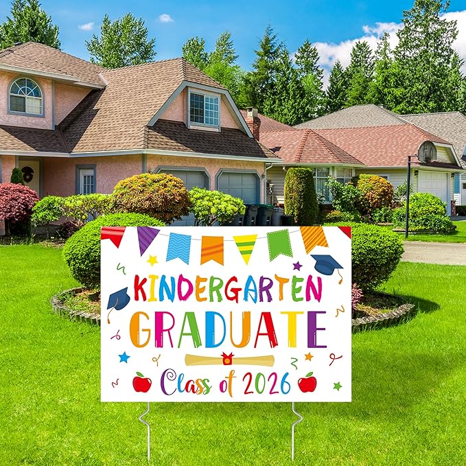 Kindergarten Grad Yard Sign - Class of 2026 Preschool Graduate Lawn Sign with Stake School Congrats Graduation Decorations Colorful Graduation Party Favors Supplies Outdoor Photo Booth Props for Kids