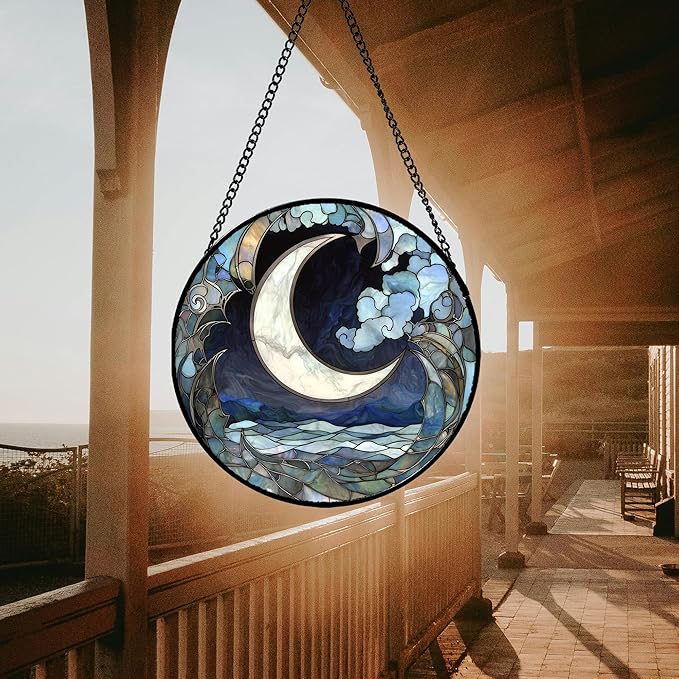 Stained Glass Window Hanging - Abstract Sea of Clouds Moon Sun Catcher for Door Terrace Garden Home Decor, Gray Blue Suncatcher Birthday Gifts for Lovers Women Men Dad Mom Nana 7.8 in