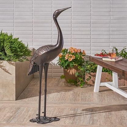 Metal Crane Garden Statue, Sunny Outdoor Aluminum Crane, Rust-Proof Metal Yard Art Bird Statue for Garden Lawn Patio, No Assembly Required, Shiny Copper Finish, Antique Bronze