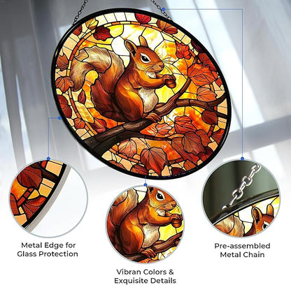 Squirrel Stained Glass Window Hanging 12” Round Handicraft Blue Flower Glass Window Panel Farmhouse Style Window Suncatcher Perfect Window Hangings Housewarming Gift (with Chain Hook)
