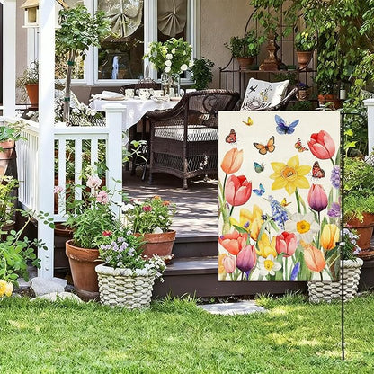 Baccessor Spring Easter Tulip Garden Flag Double Sided 12.5 x 18 Inch Burlap with Clip and Stopper,Daffodil Floral Butterflies Flag Seasonal Farmhouse Front Yard Lawn Outside Outdoor Decoration