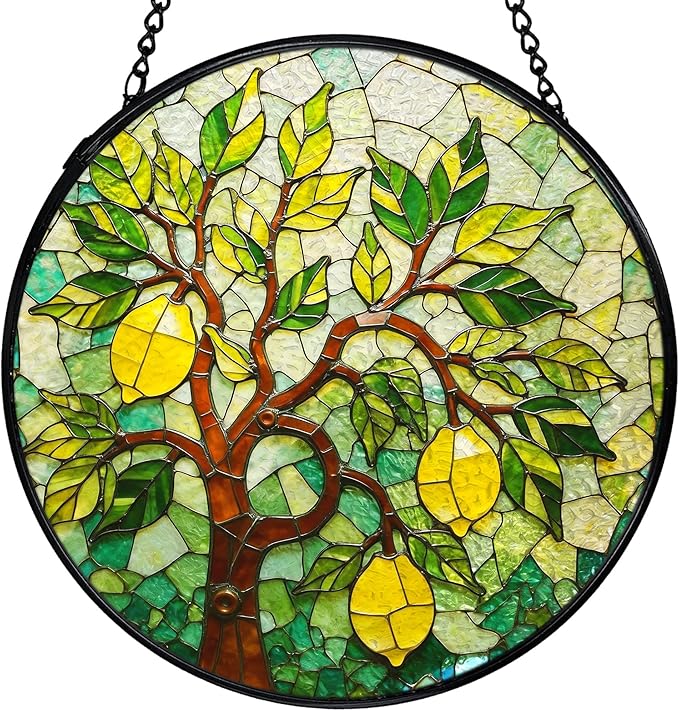 Italian Lemon Kitchen Suncatchers Stained Glass Window Hanging, Lemon Kitchen Decor, Summer Mediterranean Sun Catchers Indoor Window Glass Round Wall Decor, Italian Wall Hanging, 7.9x7.9in