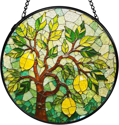 Italian Lemon Kitchen Suncatchers Stained Glass Window Hanging, Lemon Kitchen Decor, Summer Mediterranean Sun Catchers Indoor Window Glass Round Wall Decor, Italian Wall Hanging, 7.9x7.9in