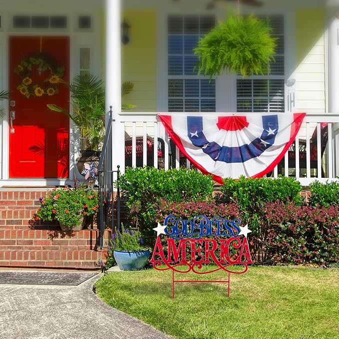 Glitzhome 4th of July Decorations Outdoor, 23.25"H Patriotic GOD BLESS AMERICA Decorative Garden Stakes, Metal Americana Patriotic Day Yard Sign, Memorial Day Yard Signs for Lawn Porch Decor