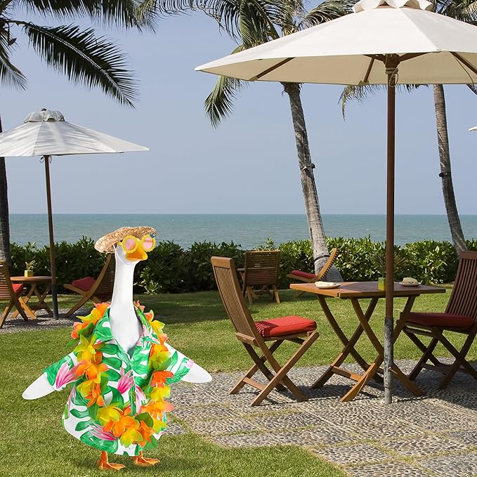 DECOHS 4 Pcs/Set Hawaiian Porch Goose Outfits, Summer Lawn Goose Costume, Yard Goose Clothes Hawaiian Wreath with Straw Hat Glasses for 23" Statue Patio Garden Decoration