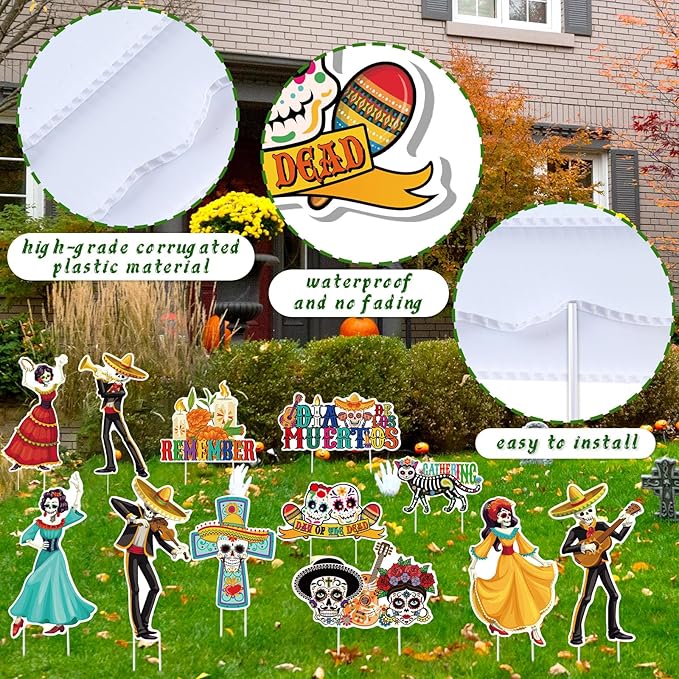 Amyhill 12 Pcs Day of the Dead Yard Decorations Halloween Outdoor Signs Decorations Dia De Los Muertos Decor Sugar Skull Sign Waterproof Mexican Fiesta Festival Party Supplies for Garden Lawn Patio