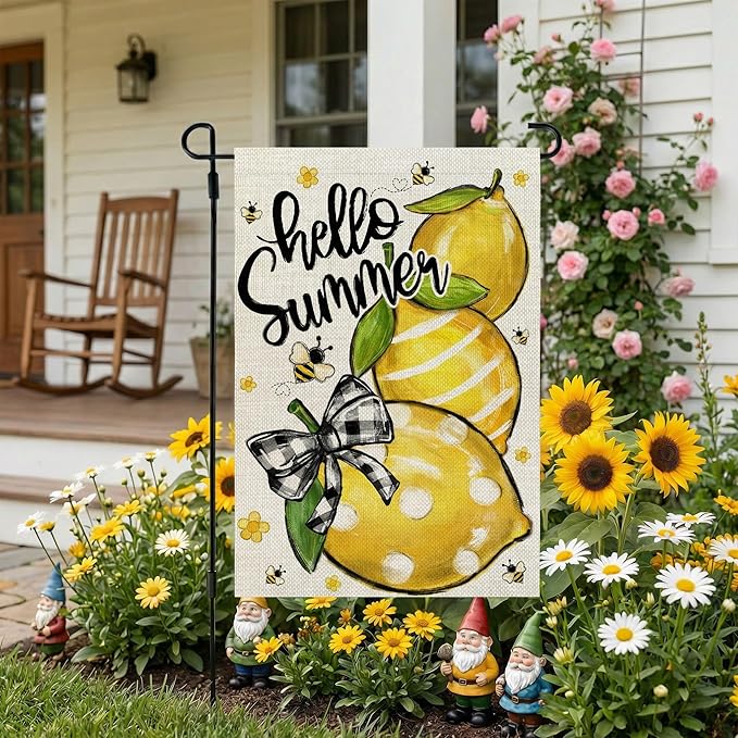 CROWNED BEAUTY Hello Summer Garden Flag Lemons 12x18 Inch Double Sided Small Yellow Floral Seasonal Holiday Decoration for Outside Yard