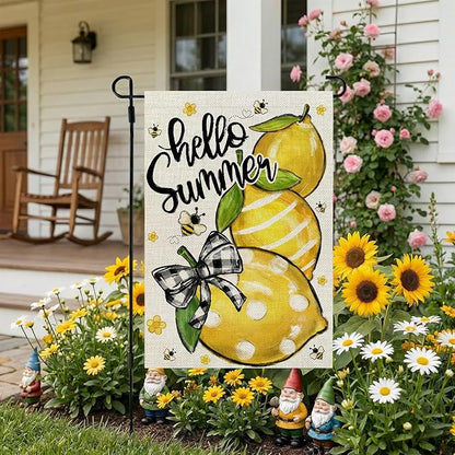 CROWNED BEAUTY Hello Summer Garden Flag Lemons 12x18 Inch Double Sided Small Yellow Floral Seasonal Holiday Decoration for Outside Yard