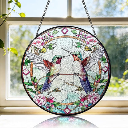 AELS Stained Glass 7.87" Round Suncatcher, Colorful Sun Catcher for Home Garden Window Decor, Window Hanging Ornament Gift for Friends and Family, Pink Feathered Hummingbird