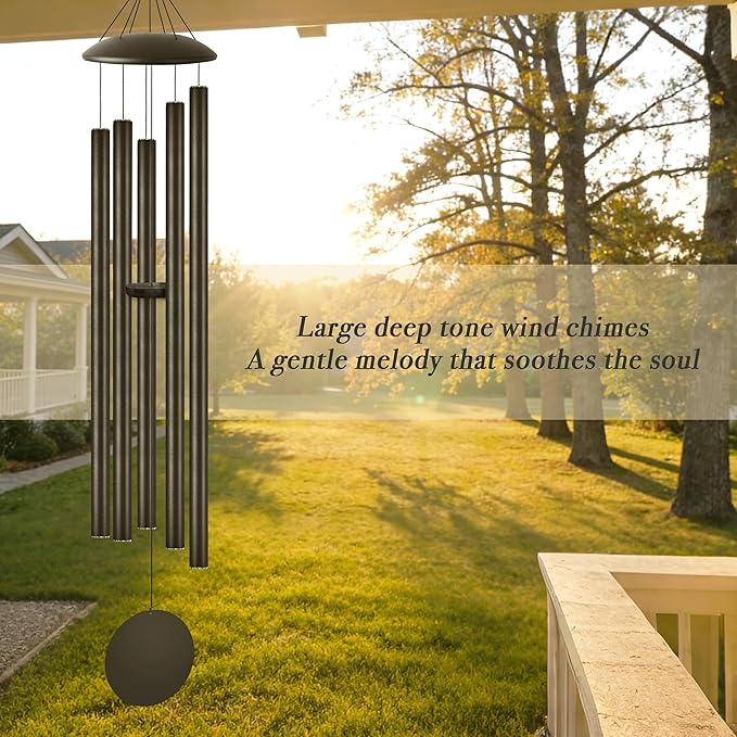 65" Extra Large Wind Chimes with Outside Deep Tone, 5 Thick and Bold Aluminum Tubes, Coolest Metal Windchimes Outdoors with Pine Wood Striker, Unique Gift for Mom, Garden Decoration(Black)