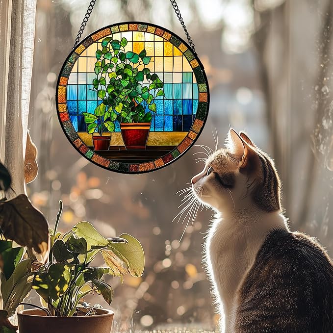 Stained Glass Window Hanging Green Potted Plants 6.3" - Suncatcher Door Garden Sun Catcher Retro Home Decor Birthday Christmas for Mom Men Woman Nana Friend