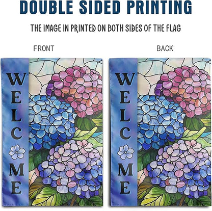 Hydrangea Spring Summer Garden Flag for Outside Stained Glass Flower Yard Decor 12x18 Double Sided Blue Floral Welcome Outdoor Banner