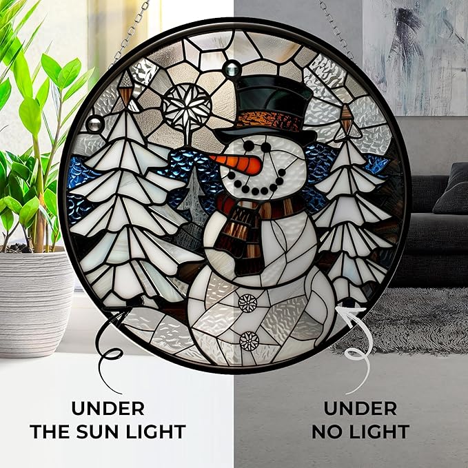 Geometric Snowman Christmas Stained Glass Suncatcher Window Hanging, Gothic Dragon Christmas Ornaments for Fiction Lovers, Dinosaur Room Decor for Nursery New Home Gifts