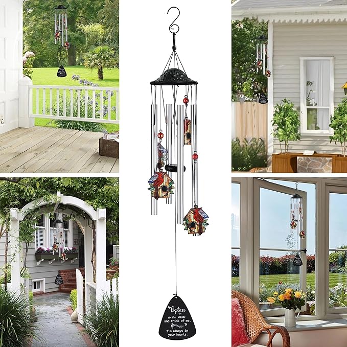 HDCRYSTALGIFTS 34'' Cardinal Wind Chimes for Outside Home Garden Decor Red Bird Memorial Wind Chimes for Loss of Loved One, Sympathy Windchimes Outdoors Cardinal Gifts for Women Mom Grandma Sisters