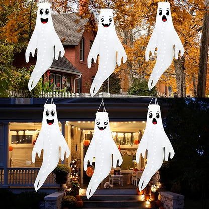 3PCS White Halloween Cute Ghost Windsocks Hanging Decorations - 43 Inch Flag Wind Socks for Home Yard Outdoor Decor Party Supplies (Batteries Not Included,No Timer)