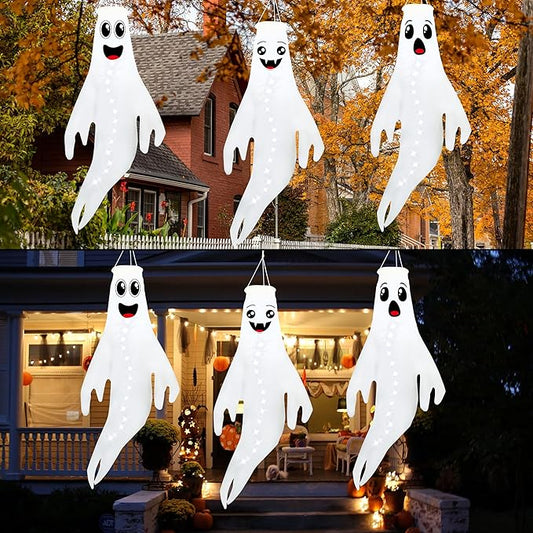 3PCS White Halloween Cute Ghost Windsocks Hanging Decorations - 43 Inch Flag Wind Socks for Home Yard Outdoor Decor Party Supplies (Batteries Not Included,No Timer)