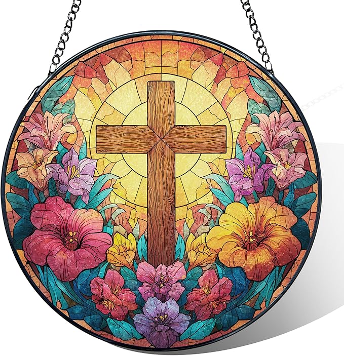 Christian Cross Flower Stained Glass Window Hanging, Cross Suncatcher, Religious Wildflower Christian Sun Catchers Indoor Window Glass Wall Art Hanging Decorations, 7.9x7.9in