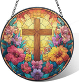 Christian Cross Flower Stained Glass Window Hanging, Cross Suncatcher, Religious Wildflower Christian Sun Catchers Indoor Window Glass Wall Art Hanging Decorations, 7.9x7.9in