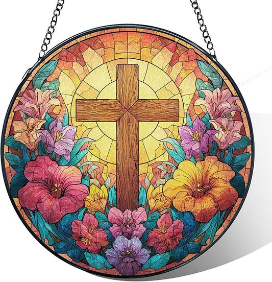 Christian Cross Flower Stained Glass Window Hanging, Cross Suncatcher, Religious Wildflower Christian Sun Catchers Indoor Window Glass Wall Art Hanging Decorations, 7.9x7.9in