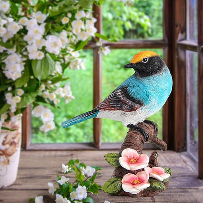 Garden Bird Statue for Outdoor Decor, Blue Bird Figurine Perched on Branch with Pink Flowers for Backyard Yard Patio, Bird Decorations for Home Shelf, Mother's Day Birthday Gifts