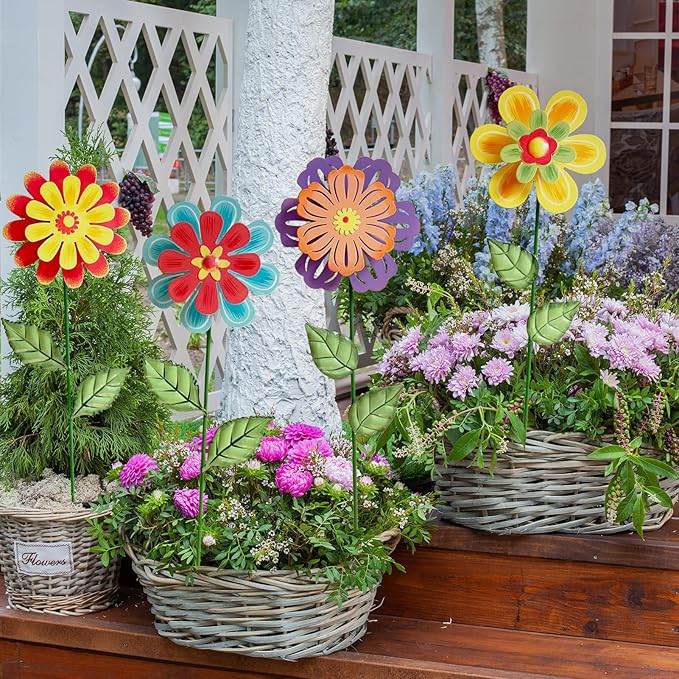 HUTHDAK Metal Flowers for Outside,4 Pack 16.33" Decorative Garden Stakes with Swaying Flowers Head Yard Art,Spring Garden Decor for Lawn, Pathway & Yard