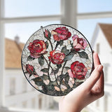 Pink Red Roses Stained Glass Window Hanging Suncatchers Valentine Roses Glass Panel Hangings Vintage Floral Window Decor Flowers Lovers Gift for Women Mom Spring Garden Nature Ornament 3.9inch
