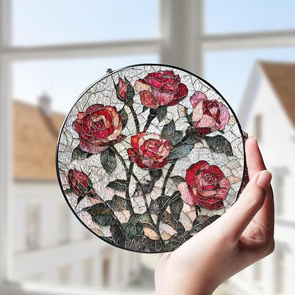 Pink Red Roses Stained Glass Window Hanging Suncatchers Valentine Roses Glass Panel Hangings Vintage Floral Window Decor Flowers Lovers Gift for Women Mom Spring Garden Nature Ornament 7.9inch