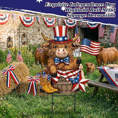 Amyhill 4th of July Highland Cow Outdoor Decor Patriotic Star Metal Garden Stakes Decorative Red White Blue Calf Lovers Yard Signs with Stakes for Independence Day Memorial Day Garden Lawn Decorations