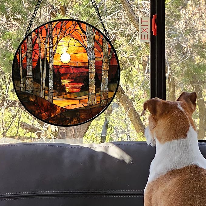 Stained Glass Window Hanging, Orange Red Landscape Forest Lake Moon Suncatcher for Doors Window Home Sun Catchers Decor Mother's Day Birthday Gifts for Women Men Mom 7.8 in