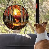 Stained Glass Window Hanging, Orange Red Landscape Forest Lake Moon Suncatcher for Doors Window Home Sun Catchers Decor Mother's Day Birthday Gifts for Women Men Mom 7.8 in