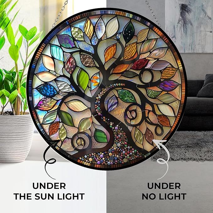 Bohemian Tree of Life Stained Glass Window Hanging, Colorful Bohemian Tree of Life Sun Catchers Glass Panel Blue Suncatcher Decor for Birthday for Women, Men, Wife, Aunt, and Mom 7.8 in