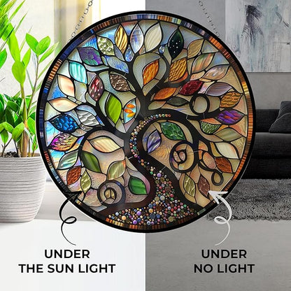 Bohemian Tree of Life Stained Glass Window Hanging, Colorful Bohemian Tree of Life Sun Catchers Glass Panel Blue Suncatcher Decor for Birthday for Women, Men, Wife, Aunt, and Mom 7.8 in