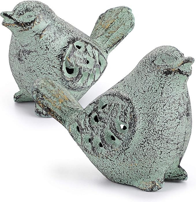 OwnMy 2PCS Cast Iron Green Bird Sculptures - Outdoor & Indoor Small Birds Statues, Hollow Carved Bird Figurines Ornaments Decorative Animal Figurines for Garden Patio Home Decors