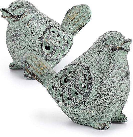 OwnMy 2PCS Cast Iron Green Bird Sculptures - Outdoor & Indoor Small Birds Statues, Hollow Carved Bird Figurines Ornaments Decorative Animal Figurines for Garden Patio Home Decors