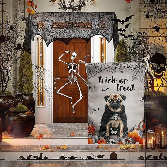 Halloween Pug Garden Flag Trick or Treat Yard Flag Ghost Dog Garden Flags for Outside 12x18 Double Sided Small Dachshund Skeleton Halloween Decor Outdoor Lawn Welcome Flag
