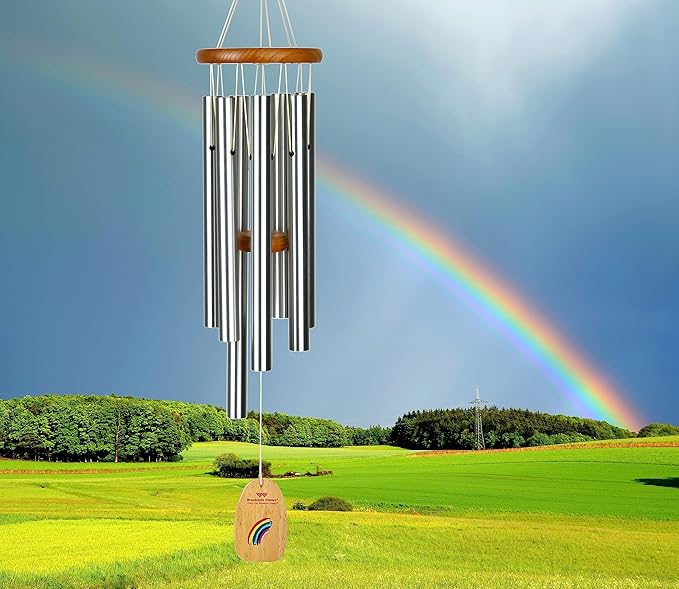 Woodstock Wind Chimes for Outside, Garden Decor, Outdoor Decor for Your Patio and Front Porch (27") Silver Wind Chime, Over The Rainbow Chime (Over)