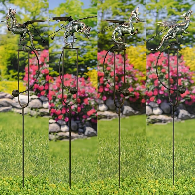 Zaer Ltd. Flying Dragon Garden Stake, 54.75" Tall Metal Rocking Decoration, Metallic Finish, Weighted Balance Design (Set of 4)