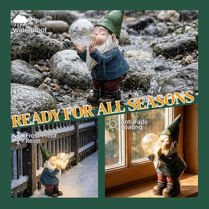 Solar Garden Gnome Statue with Light-Up Bubble, Whimsical Outdoor Decor Figurine with LED Fairy Lights for Patio, Lawn, Yard Art - Unique Waterproof Resin Gardening Gift