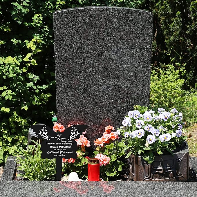 Roowest Butterfly Grave Decorations for Cemetery, Those We Love Don't Go Away Memorial Butterfly Garden Stake, Grave Markers for Humans Black Sympathy Garden Stake for Outdoors Yard Decor