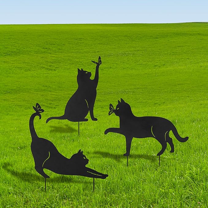 Glitzhome Metal Cat Decorative Garden Stakes, Lifelike Black Silhouette Die-Out Cats Spring Garden Yard Art 2-in-1 Design for Yard Stake or Wall Decor, 3 Packs