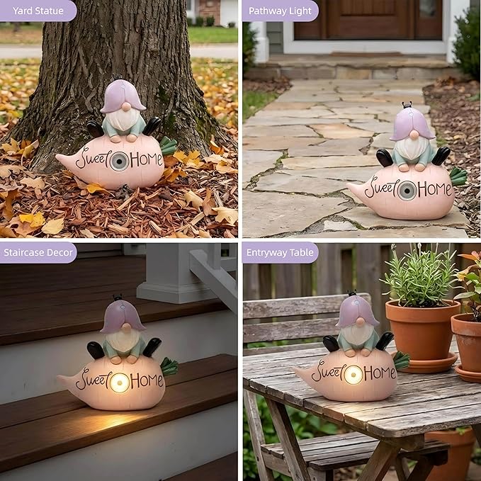 Garden Gnomes Outdoor, Solar Ladybug Gnome Garden Statue & Fairy Garden Accessories, Funny Garden Gnome Yard Ornaments & Lawn Statues, Resin Decor Gnomes Gifts for Women Mom