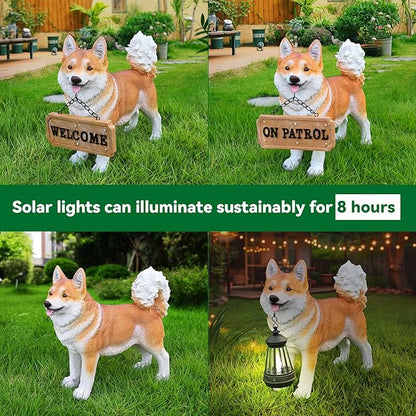 Akita Dog Garden Statue with Solar Lantern & Double-Sided Welcome Sign, Cute Shiba Inu Outdoor Decor Figurine for Patio Lawn Yard, Waterproof Resin Animal Sculpture, Dog Lover Gift