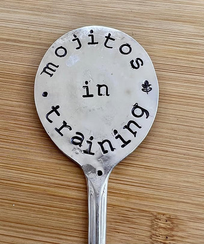 Herb Marker, Mint Funny Saying, Mojitos in Training, Hand Stamped on Silver Plate Gumbo Spoon, Garden Marker to Stick in Potted herb Plant