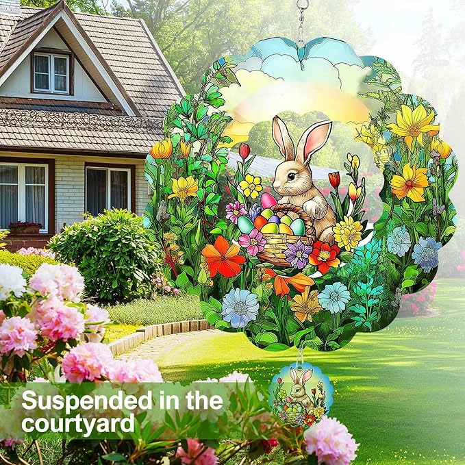 Easter Bunny Wind Spinners Outdoor Hanging Ornament Gifts, 12 inch 3D Eggs Easter Wind Kinetic Sculpture for Outdoor & Indoor, Yard Art, Garden Decoration