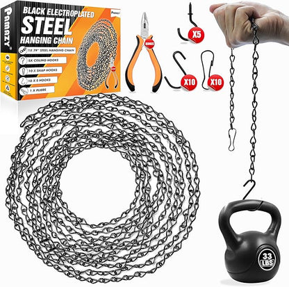 [Upgraded] 79” Black Electroplated Steel Hanging Chain with S-Hooks, Snap Hooks, Ceiling Hooks & Pliers, 33LBS Load Capacity, Adjustable Length for Hanging Bird Feeders, Planters, Lanterns, Billboards